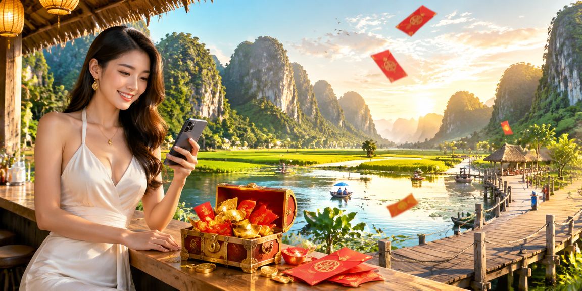 Nhân vật nữ truyền thống Việt Nam mang phong bì đỏ tượng trưng cho sự kiện may mắn và giải thưởng